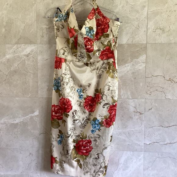 David Meister Halter Dress, Size 10, Beige Floral Cocktail USA Made Vintage Y2K - Picture 9 of 11